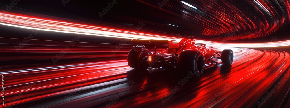 Powerful acceleration of a generic red formula one car on on the night racing track with light strips and motion blur. The concept of fast and powerful technology Powerful acceleration of a generic red formula one car on on the night racing track with light strips and motion blur. The concept of fast and powerful technology