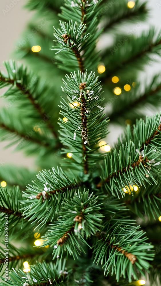 close- a pine branch adorned with string lights close- a pine branch adorned with string lights