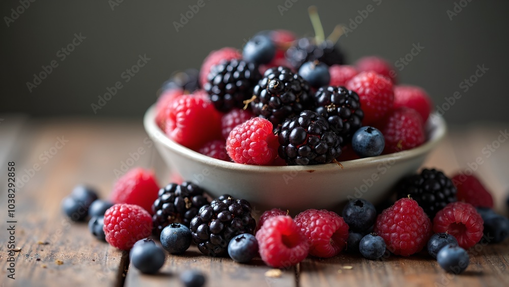 Fresh mixed berries in a ceramic bowl on wooden table Fresh mixed berries in a ceramic bowl on wooden table