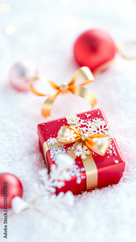 red gift box decorated with a gold bow snowflake accents rests on faux snow red gift box decorated with a gold bow snowflake accents rests on faux snow