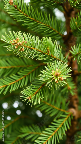 close- coniferous tree branch with buds