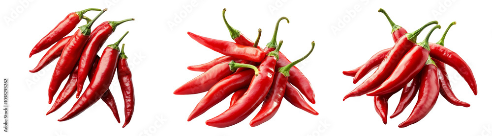 Realistic red chili peppers with green stems isolated on transparent background perfect for spicy food packaging or culinary designs Realistic red chili peppers with green stems isolated on transparent background perfect for spicy food packaging or culinary designs