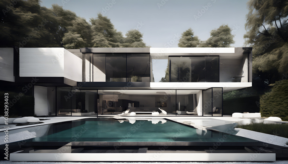 Fototapeta premium Modern villa with stacked volumes, glass windows, and minimalist garden design