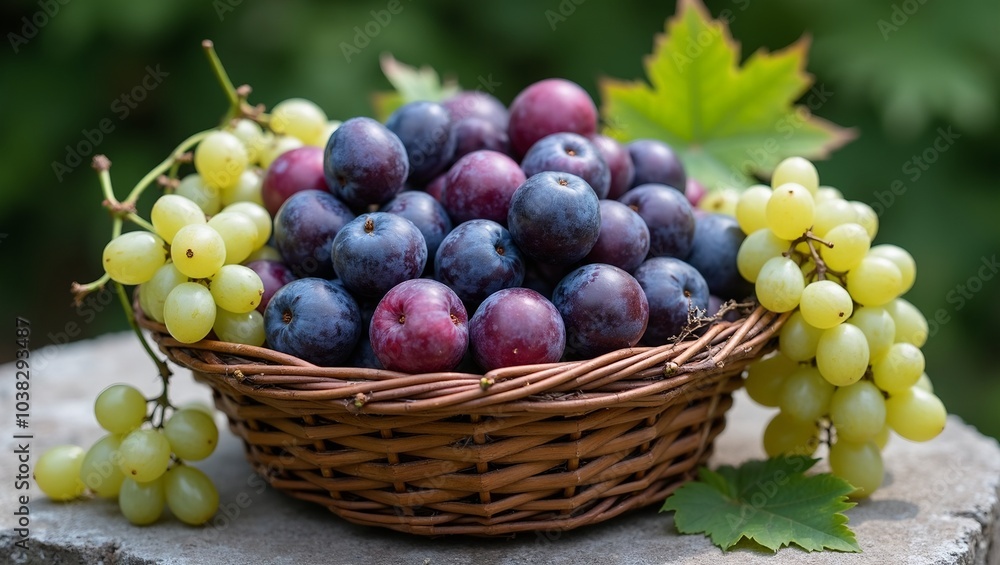 Freshly picked plums and grapes in rustic basket on stone table Freshly picked plums and grapes in rustic basket on stone table