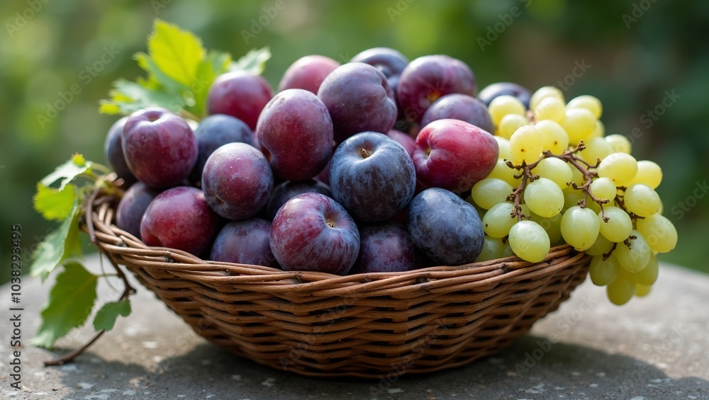 Freshly picked plums and grapes in rustic basket on stone table Freshly picked plums and grapes in rustic basket on stone table