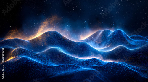 Abstract blue and orange glowing waves with a starry background.