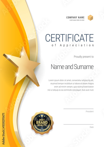Award certificate with a star design in orange and gold colors. Vertical template Diploma of modern design or gift certificate. Vector illustration.