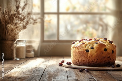 gourmet bakery creations, panettone with golden crust, raisins, and candied fruits on a wooden table in a cozy kitchen setting, with space for text photo