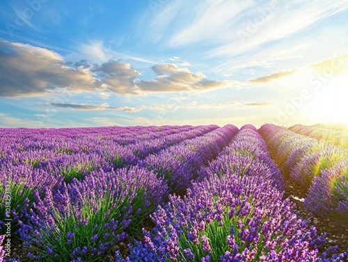Lavender Fields in Full Bloom Under Bright Sunlight
