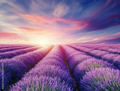 Lavender Fields in Full Bloom Under Bright Sunlight