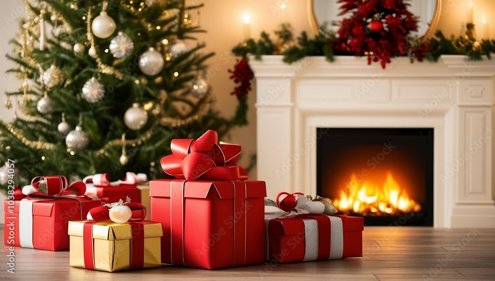 wrapped gift as its centerpiece, set against the enchanting backdrop of a shimmering Christmas tree and a warm, crackling fireplace. concept Christmas created with generative ai wrapped gift as its centerpiece, set against the enchanting backdrop of a shimmering Christmas tree and a warm, crackling fireplace. concept Christmas created with generative ai