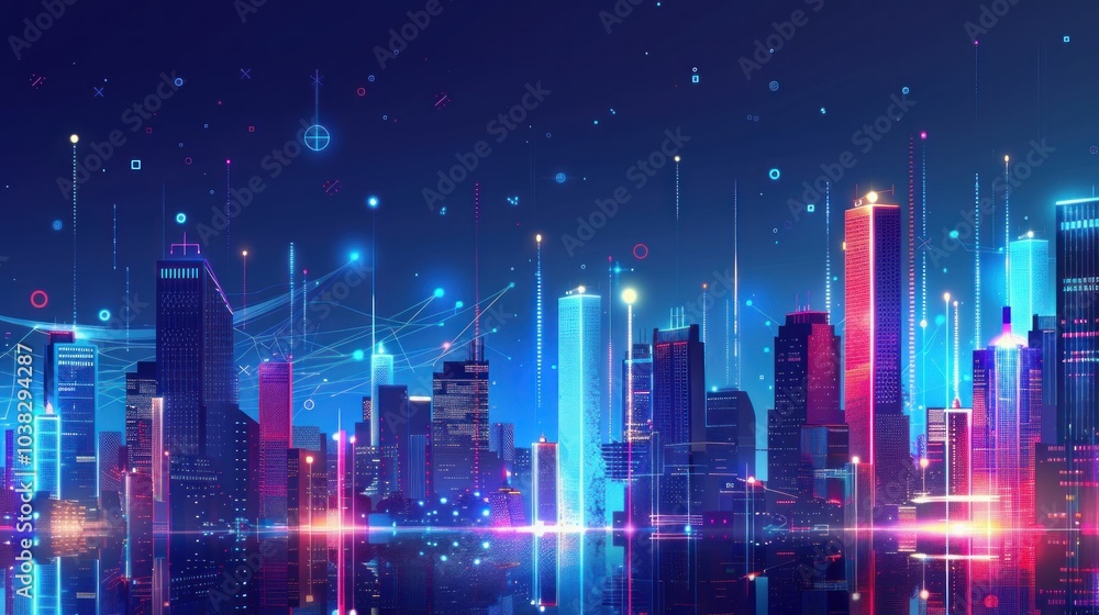 A city skyline at night with light beams and data cables A city skyline at night with light beams and data cables