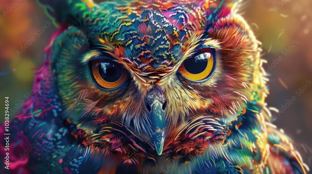 An owl with vibrant, multicolored feathers, its eyes wide open and focused on the camera An owl with vibrant, multicolored feathers, its eyes wide open and focused on the camera