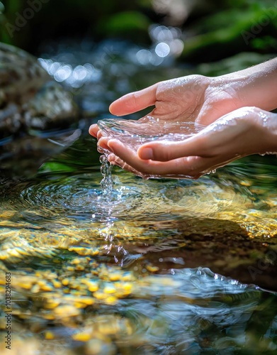 Close-up of a hand, reaching into water to make the motion of drinking from a stream, with the reflection visible in the water. The background is blurred, showing a natural setting with natural lighti