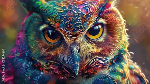 An owl with vibrant, multicolored feathers, its eyes wide open and focused on the camera