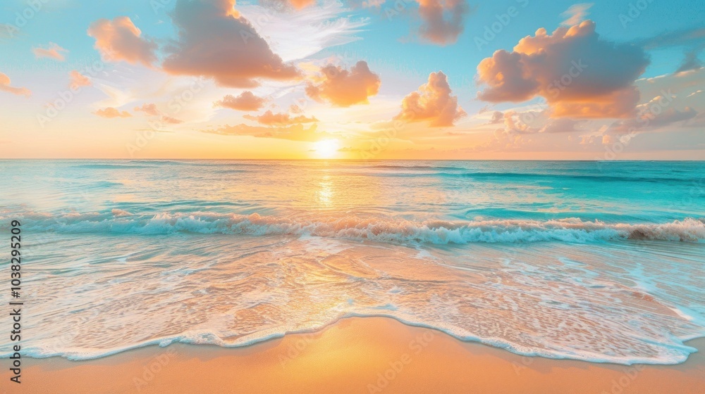 Fototapeta premium A serene beach at sunset, with golden sand 