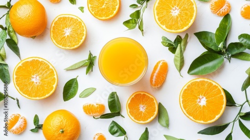 Fresh Orange Citrus Fruits and Juice on a White Background