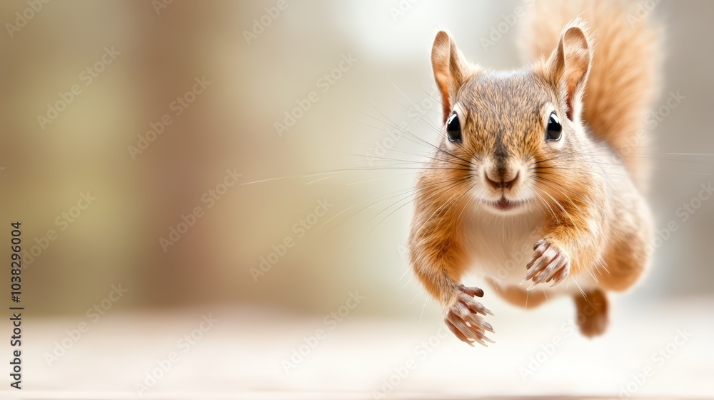 Fototapeta premium Squirrel running swiftly with a blurred background, dynamic and energetic.