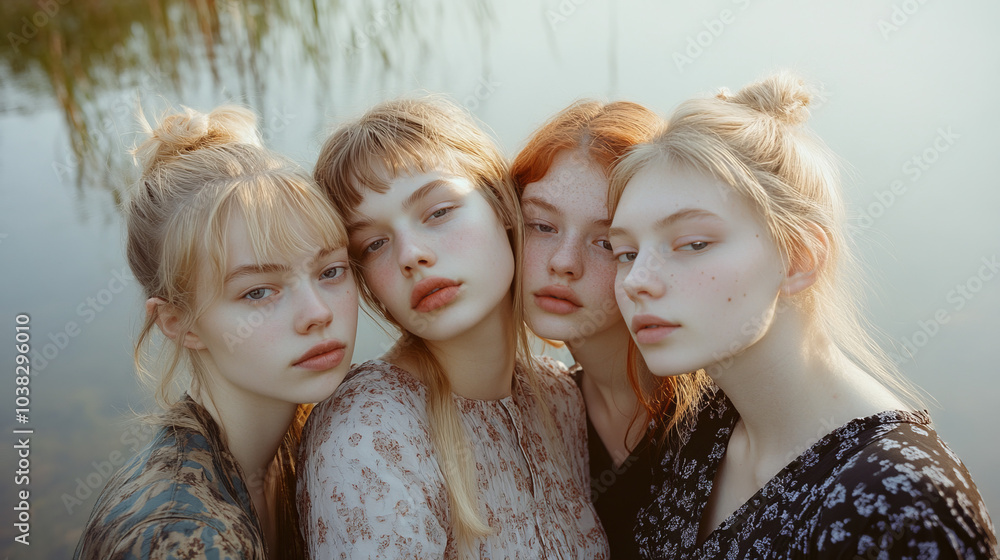 The girls' faces, shining with freckles, are closed from the outside world, they seem to be in a moment of peace and solitude.