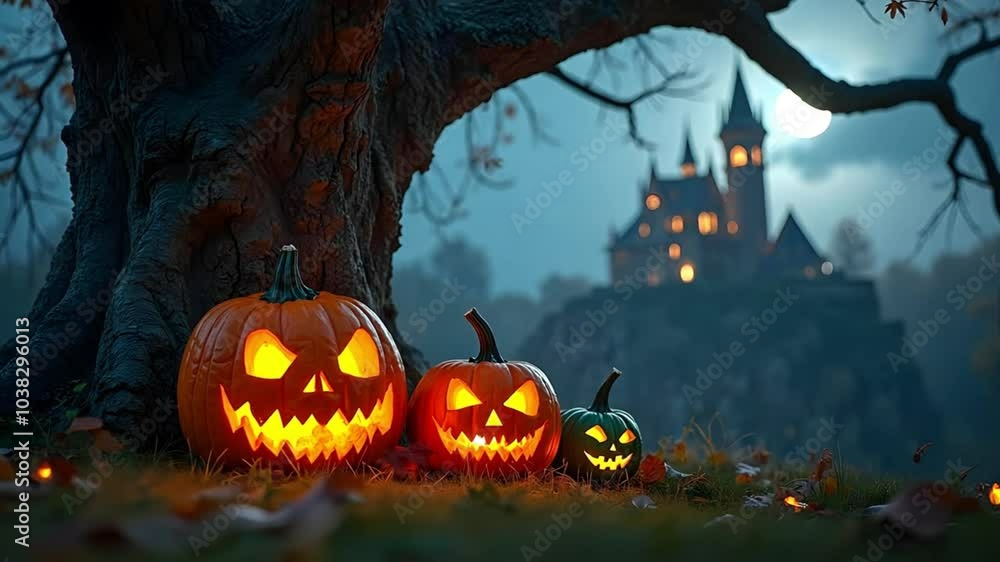 Three Jack-o'-Lanterns Lit Up in Front of a Haunted Castle Under a Full Moon