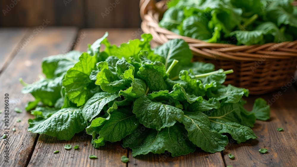 Freshly harvested organic lettuces spinach and kale on wooden table with water droplets Freshly harvested organic lettuces spinach and kale on wooden table with water droplets