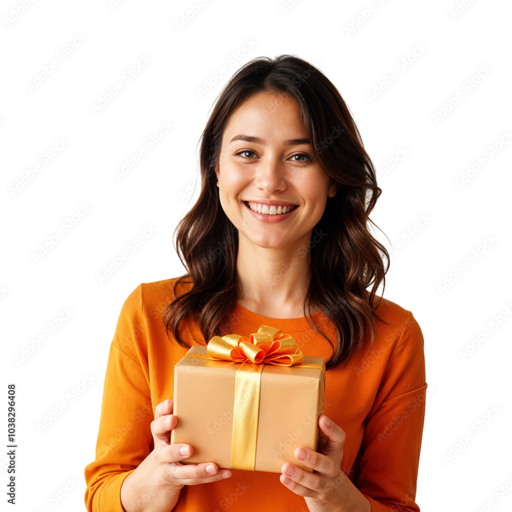 Woman with gold gift box transparent background png Woman with gold gift box transparent background png