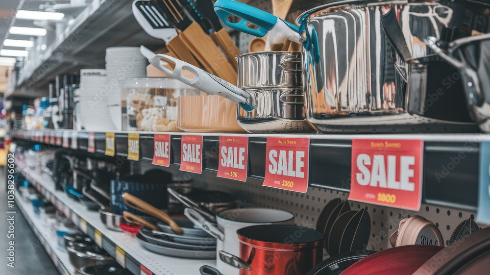 close up of shelf displaying various kitchen cookware and utensils on sale, showcasing vibrant