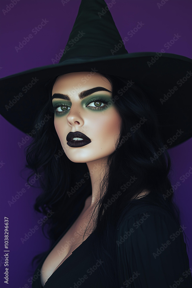 attractive woman dressed as the witch wearing a black pointed witch hat with green eyeshadows and dark lipstick, black hair, isolated on purple background, Halloween makeup attractive woman dressed as the witch wearing a black pointed witch hat with green eyeshadows and dark lipstick, black hair, isolated on purple background, Halloween makeup