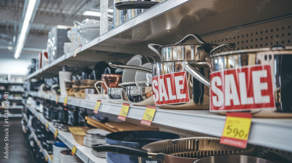 Fototapeta premium close up shot of shelf displaying cookware on sale, showcasing various pots and pans