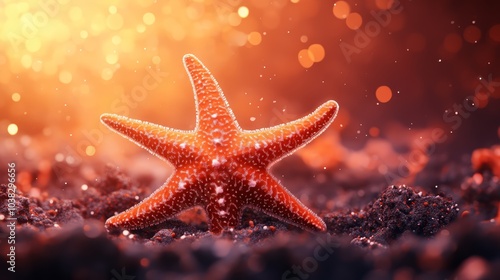 Starfish on sandy ocean floor with shimmering light effects.