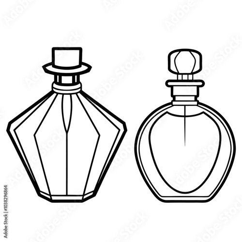 
Perfume glass bottle realistic transparent, abstract geometric technical, blank white cosmetic cone shape bottle cap vector illustration