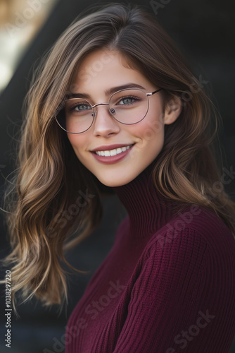 Smiling, with brown hair,", the front view of the most beautiful business woman in her mid-20s, wearing makeup , glasses and an elegant burgundy turtleneck sweater. 