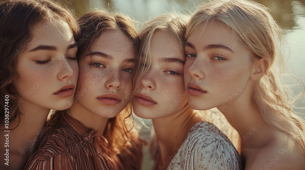 The faces of girls with delicate freckles and closed eyes express peace and unity with nature by a calm lake. The faces of girls with delicate freckles and closed eyes express peace and unity with nature by a calm lake.