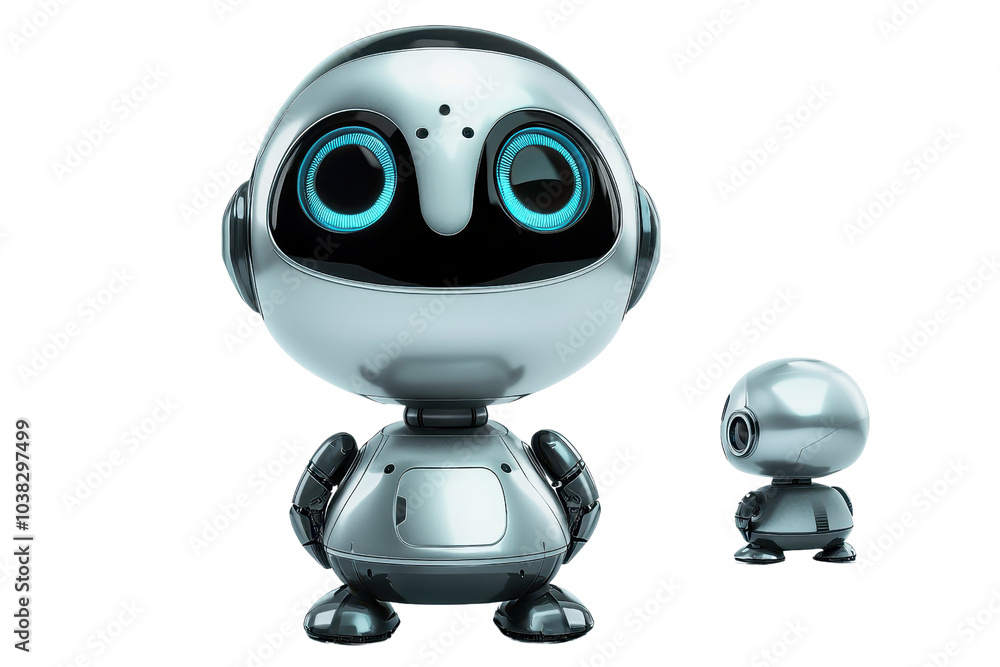 Cute futuristic robot with large eyes and shiny metallic body, standing with a smaller version beside it, isolated on transparent background. Cute futuristic robot with large eyes and shiny metallic body, standing with a smaller version beside it, isolated on transparent background.
