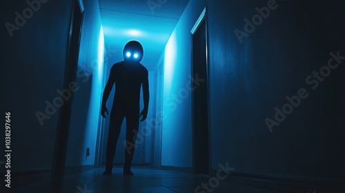 Silhouette with glowing eyes in dark eerie corridor