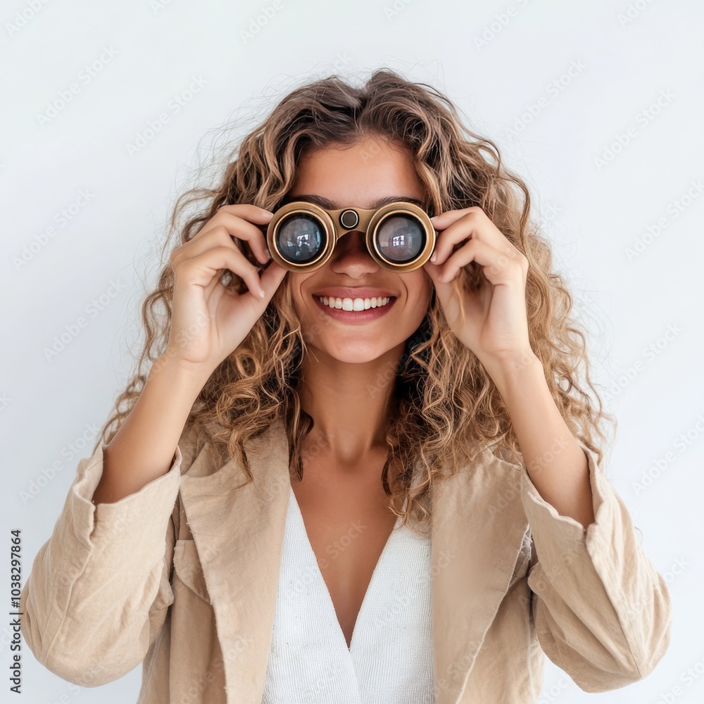 Girl peers through monocular, smiling. Girl peers through monocular, smiling.