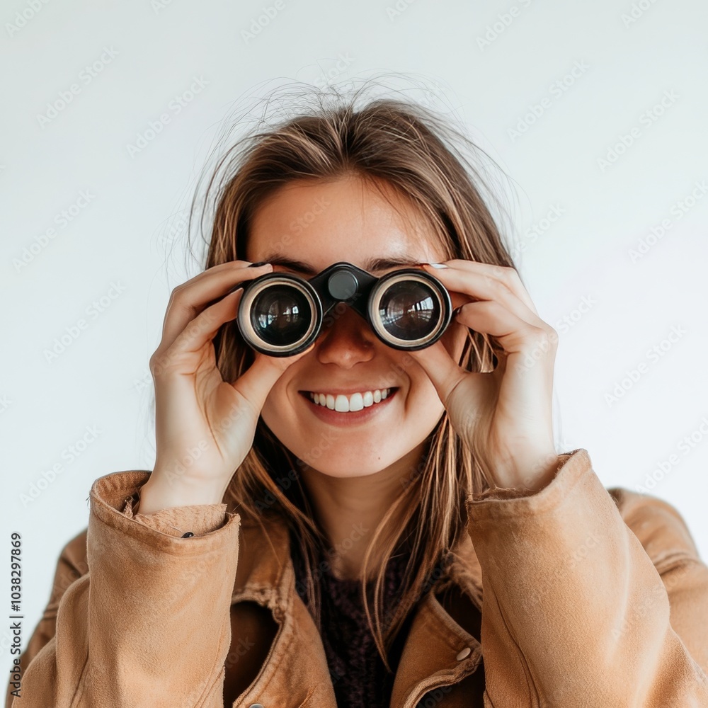 Young female uses monocular, beaming. Young female uses monocular, beaming.