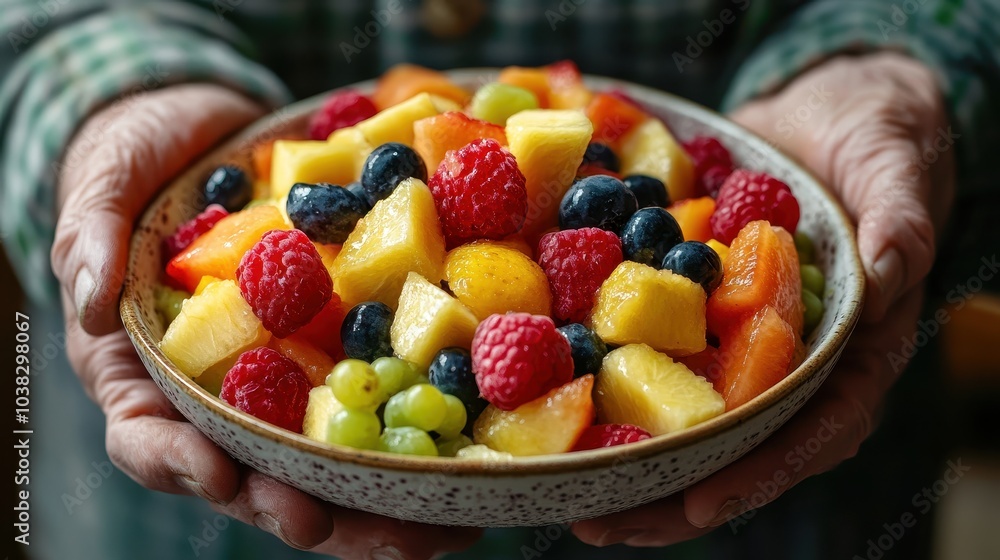 elderly man enjoying a bowl of fresh mixed fruit salad elderly man enjoying a bowl of fresh mixed fruit salad