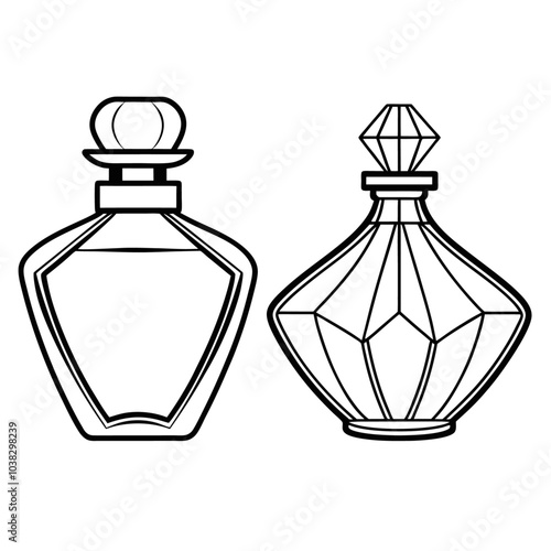 
Perfume glass bottle realistic transparent, abstract geometric technical, blank white cosmetic cone shape bottle cap vector illustration