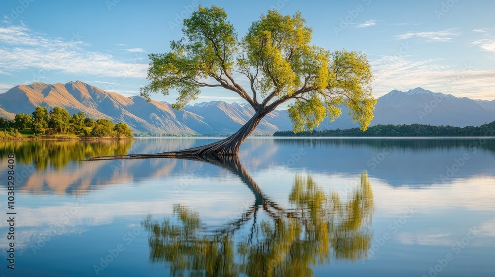 Fototapeta premium Serene Lake Landscape with Reflection and Mountains