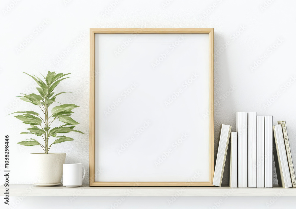 minimalist interior scene featuring blank wooden frame on shelf, surrounded by potted plant, white mug, and neatly arranged books. This setup creates serene and inviting atmosphere minimalist interior scene featuring blank wooden frame on shelf, surrounded by potted plant, white mug, and neatly arranged books. This setup creates serene and inviting atmosphere