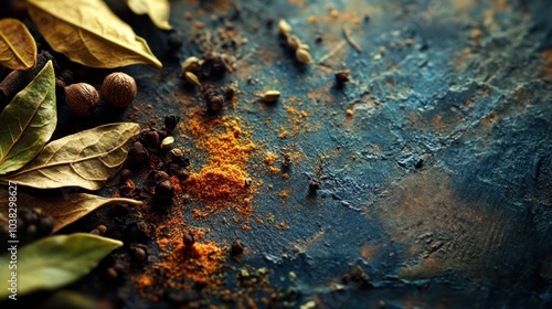 Spices and Herbs on a Rustic Wooden Surface