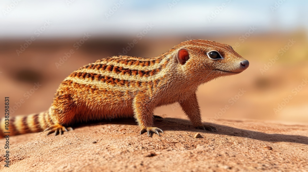Striped mongoose on a sandy surface, showcasing its unique features. Striped mongoose on a sandy surface, showcasing its unique features.