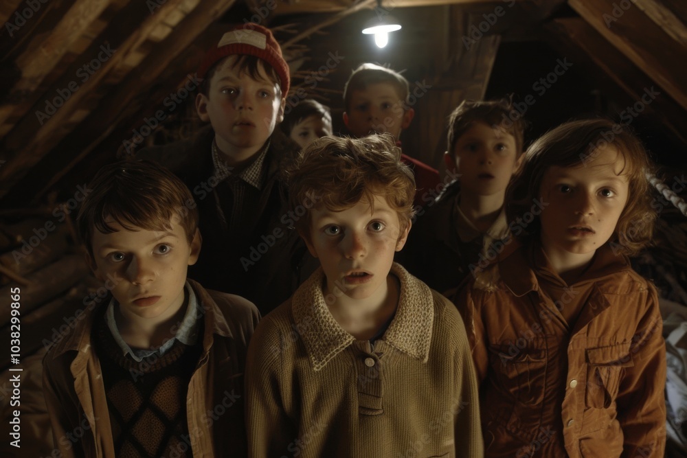 Group of children in the attic of a wooden house. Studio shot. Group of children in the attic of a wooden house. Studio shot.