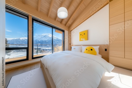 Scandinavian bedroom with cozy decor and large window