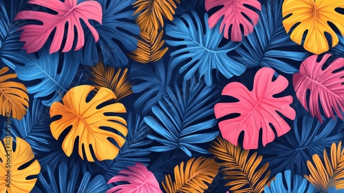 Fototapeta Naklejka Na Ścianę i Meble -  Seamless pattern tropical background, illustration of exotic summer leaf and plants in vivid colorful colors, flat lay. Generative AI.