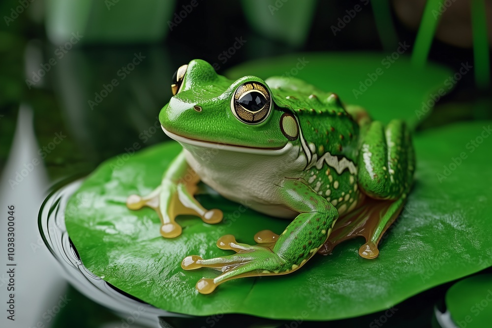 Naklejka premium A vibrant green frog resting on a lily pad, surrounded by water and foliage, showcasing its distinct features and natural habitat.