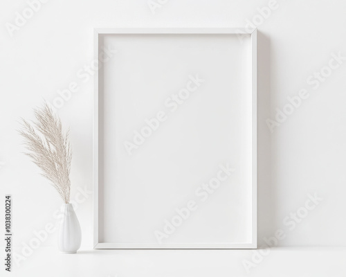 Minimalist white frame with empty space for artwork, accompanied by delicate vase holding dried pampas grass, creating serene and modern aesthetic