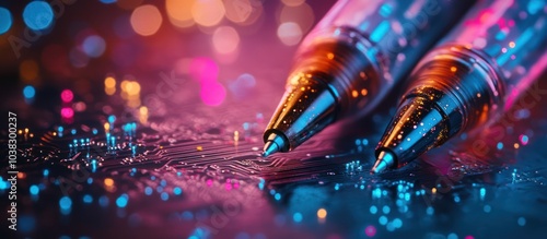 Two pens on a circuit board with a blurred background of colorful bokeh lights. photo