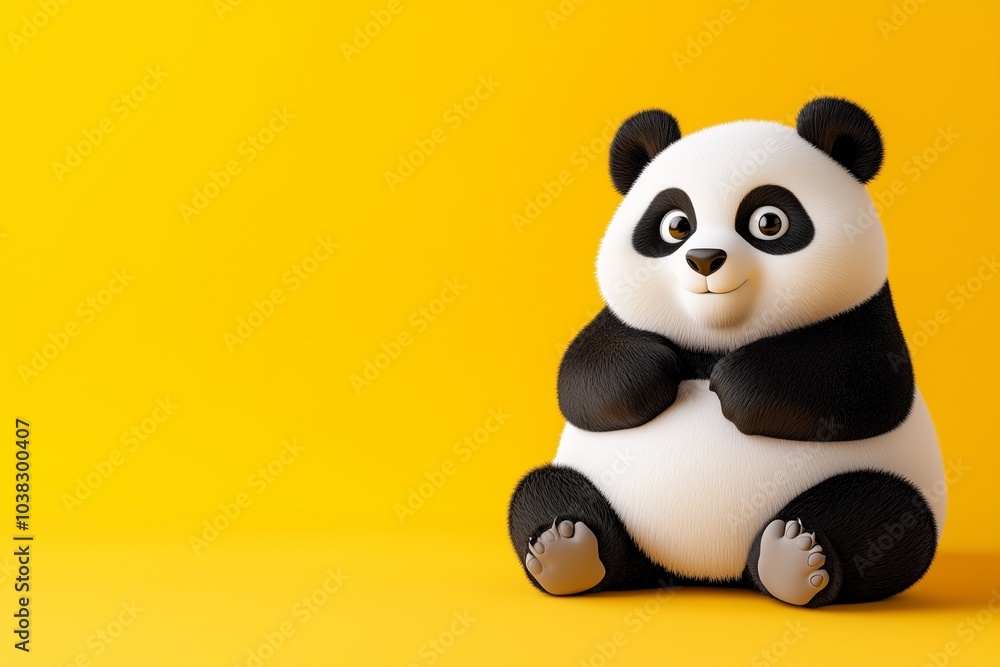 A cute panda plush toy sits against a bright yellow background, exuding charm and playfulness. A cute panda plush toy sits against a bright yellow background, exuding charm and playfulness.